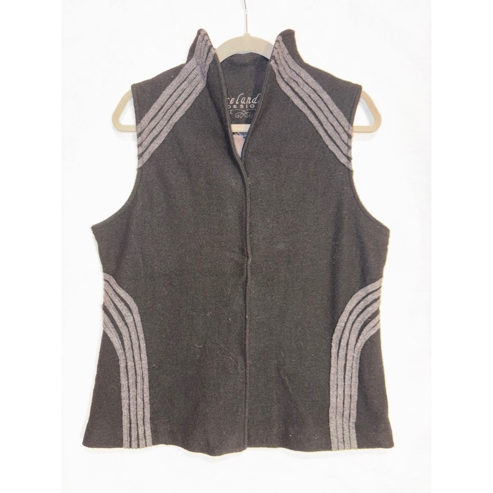 Icelandic Design Black Boiled Wool Vest‎ Grey Corded Embroidery Petite L vintage